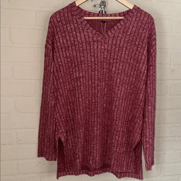 V-Neck Ribbed Sweater pink red large lightweight soft tunic slit sides NEW - Picture 5 of 5